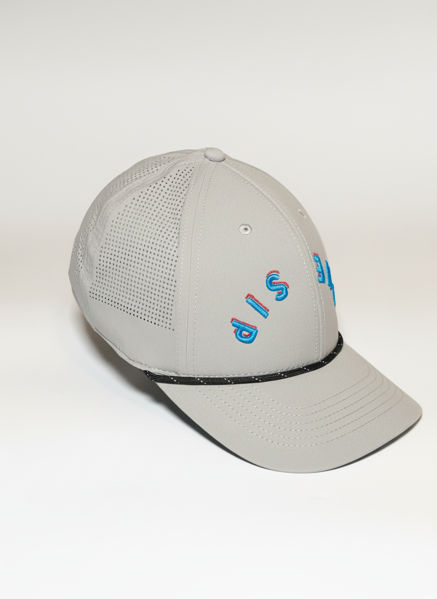The SIP Upside Down Ole Miss hat front view. Gray cap with Ole Miss colored lettering