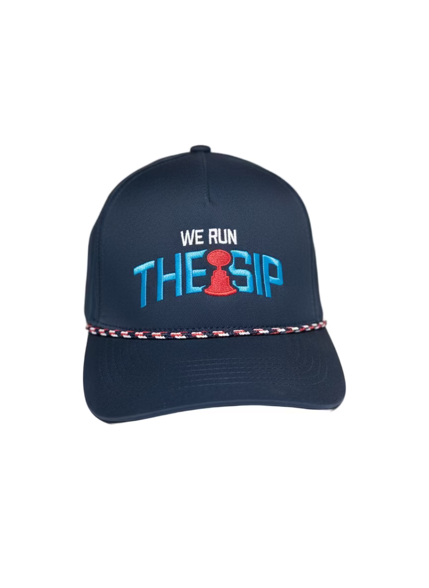 Official Egg Bowl Trophy Hat. Navy blue cap with 'WE RUN THE SIP'.