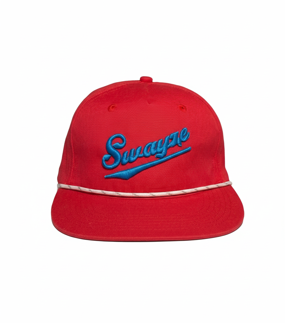 Front view of embroidered blue script "Swayze" of Ole Miss on a red hat with a white cord Lost Hat Co