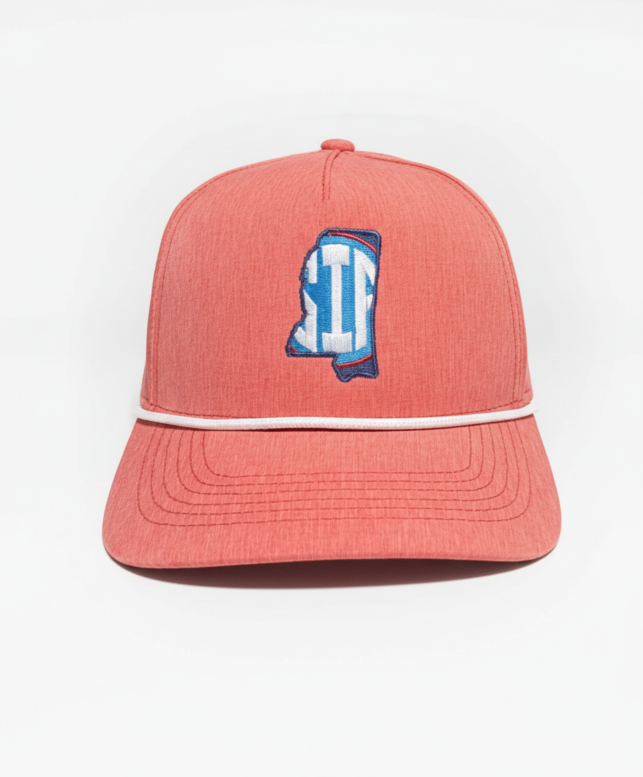 Ole Miss SIP inside of state of Mississippi outline on a salmon colored hat.