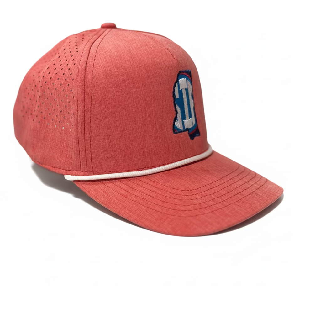 Ole Miss SIP inside of state of Mississippi outline on a salmon colored hat.